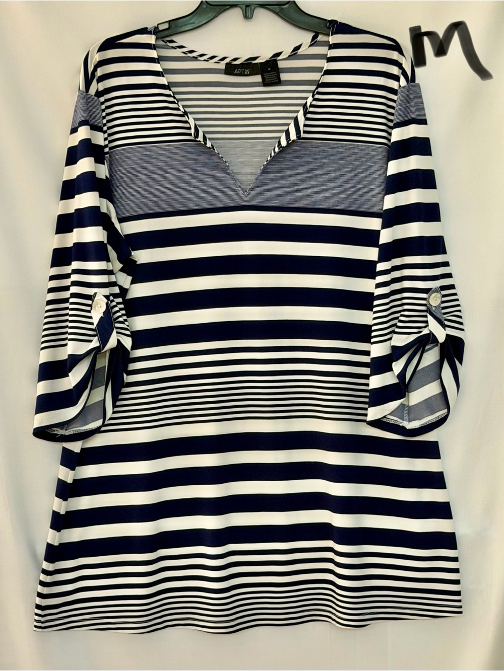 Apt. 9 Navy and White Striped V-Neck Tunic with Tab Sleeves